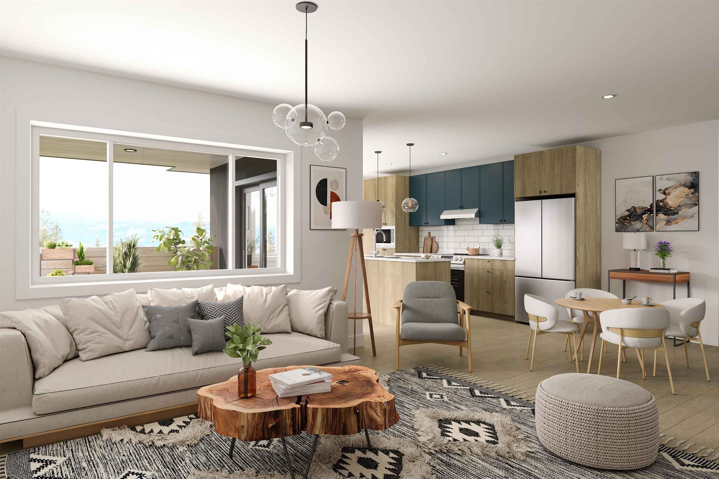 Bright, contemporary apartment interior featuring an open-plan living and kitchen area. Large windows frame mountain views, while modern finishes include quartz countertops and wood-look flooring.