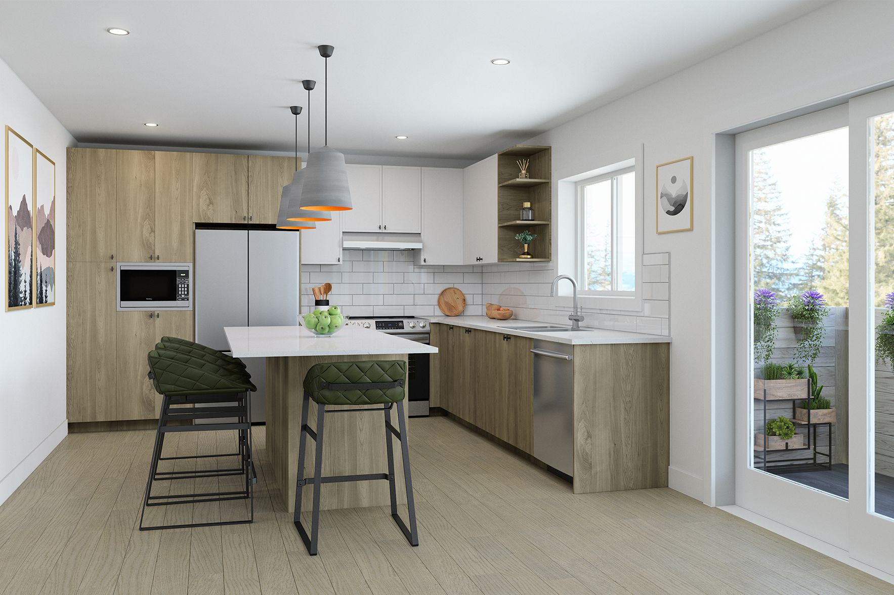 Alternative view of kitchen highlighting the functional work triangle and abundant counter space. Natural light from nearby windows illuminates the quartz countertops and stainless steel appliances. Wood-tone accents add warmth to the contemporary design