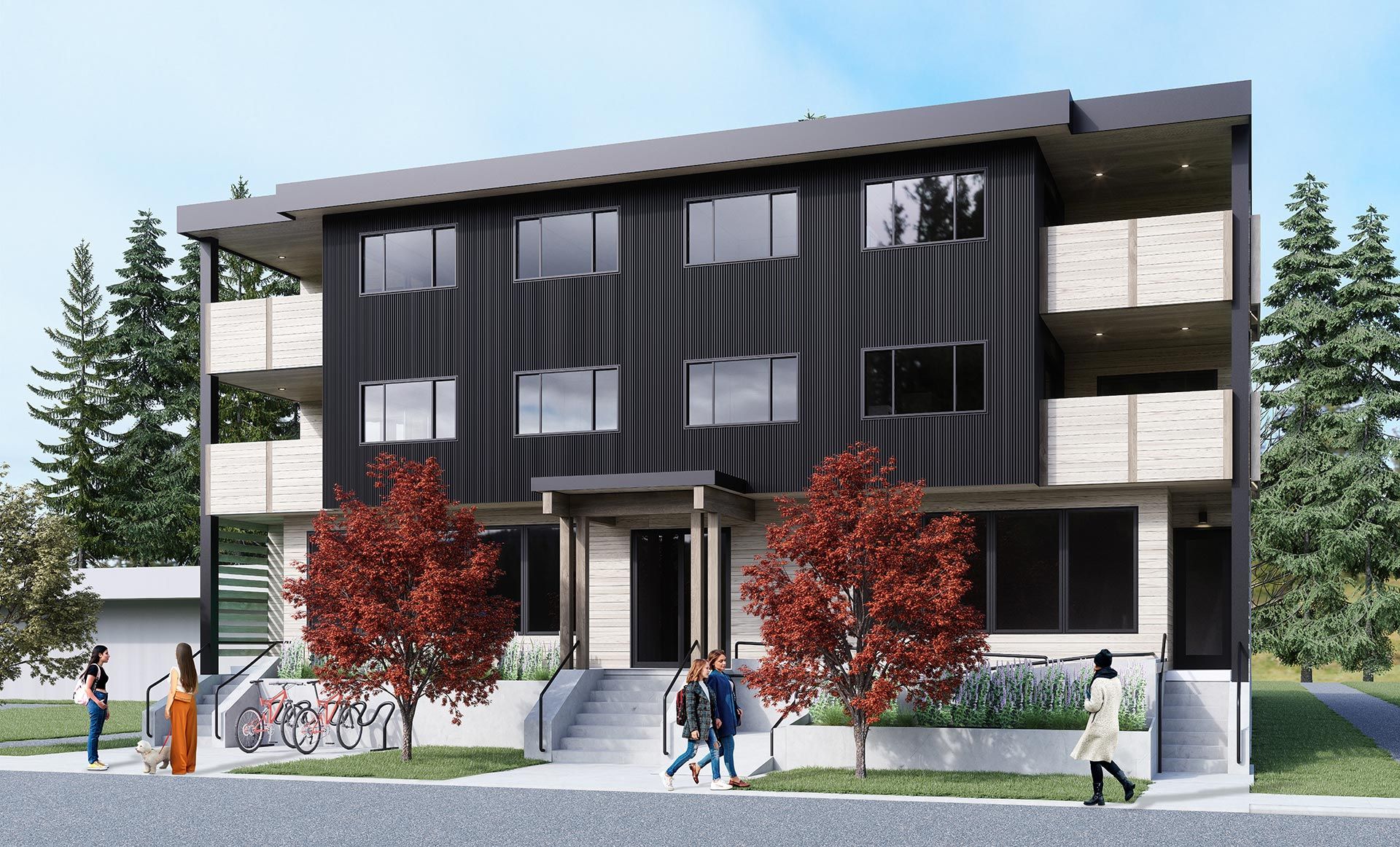 Tenquille Living - Street-level view of a modern three-story mixed-use building in downtown Pemberton. The facade features a combination of wood siding and dark metal panels, with large commercial windows on the ground floor and residential balconies above.