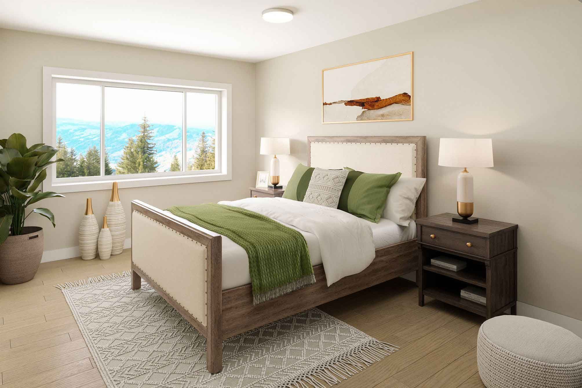 Generously sized bedroom with windows framing beautiful mountain views.
