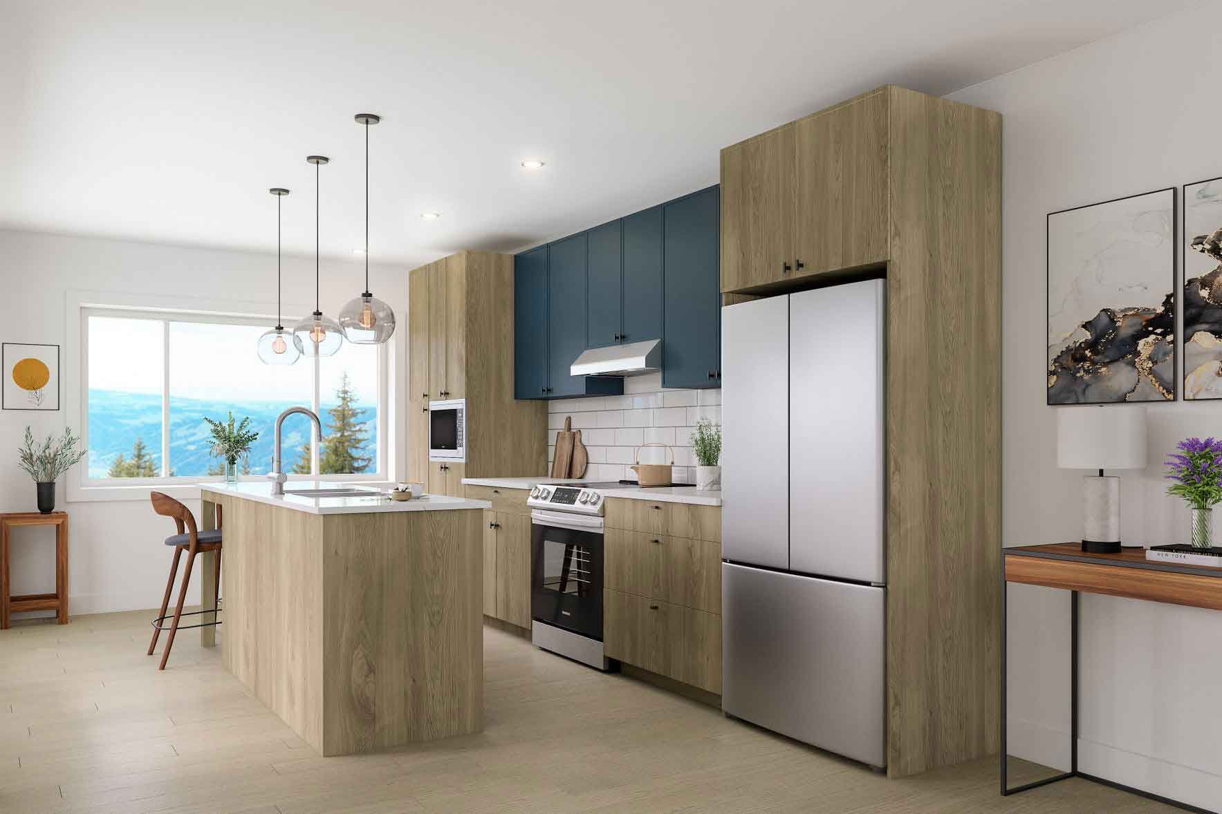 Sleek, modern kitchen featuring clean-lined white cabinetry contrasting with matte black hardware and fixtures. Full-height cabinets maximize storage while integrated appliances maintain a streamlined aesthetic. Peninsula provides casual dining space and opens to living area